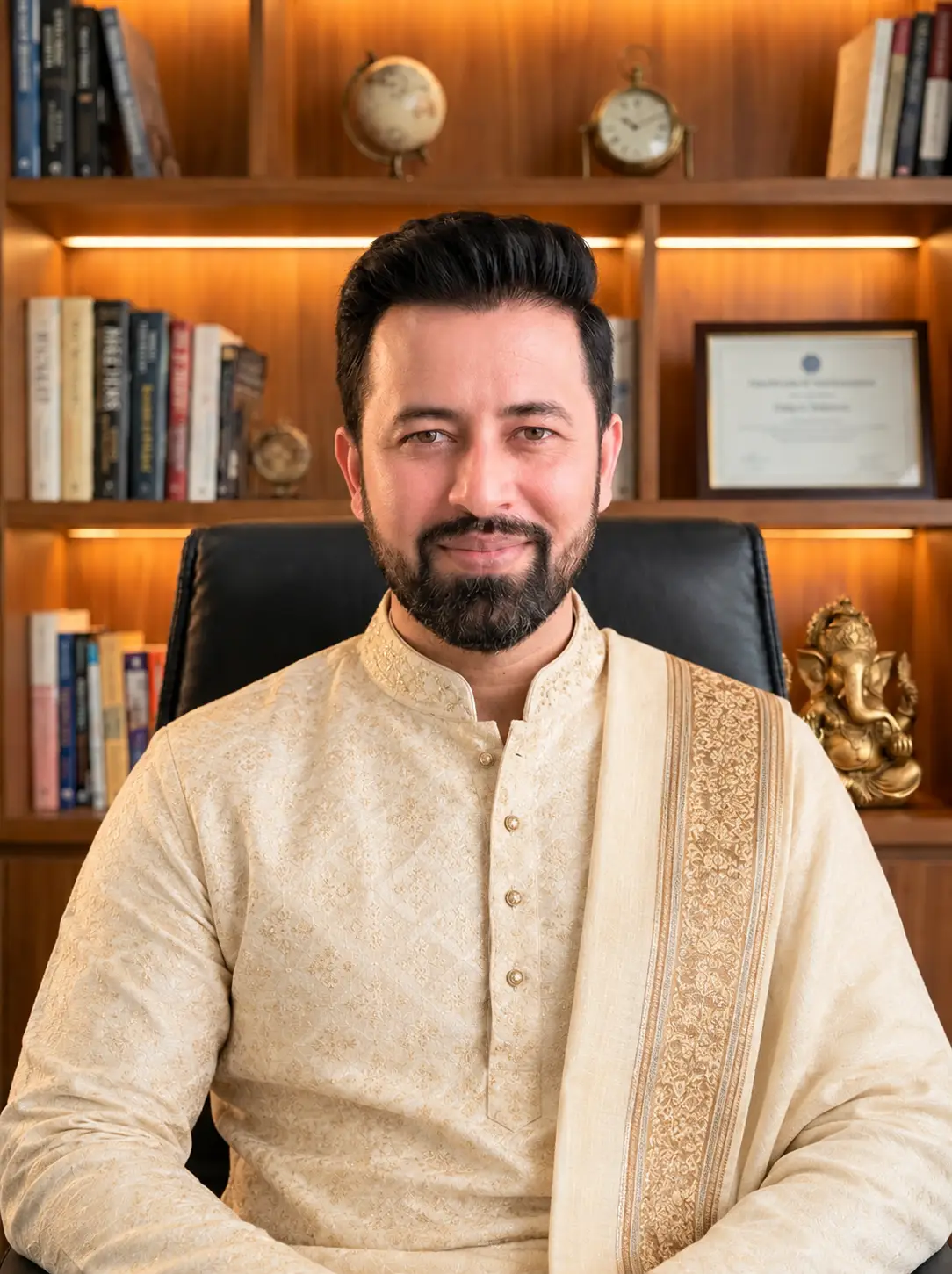 Shaswat Dixit, founder and Vedic astrologer at Astrology King in Texas, wearing an embroidered cream kurta and shawl in his office with a brass Ganesha idol